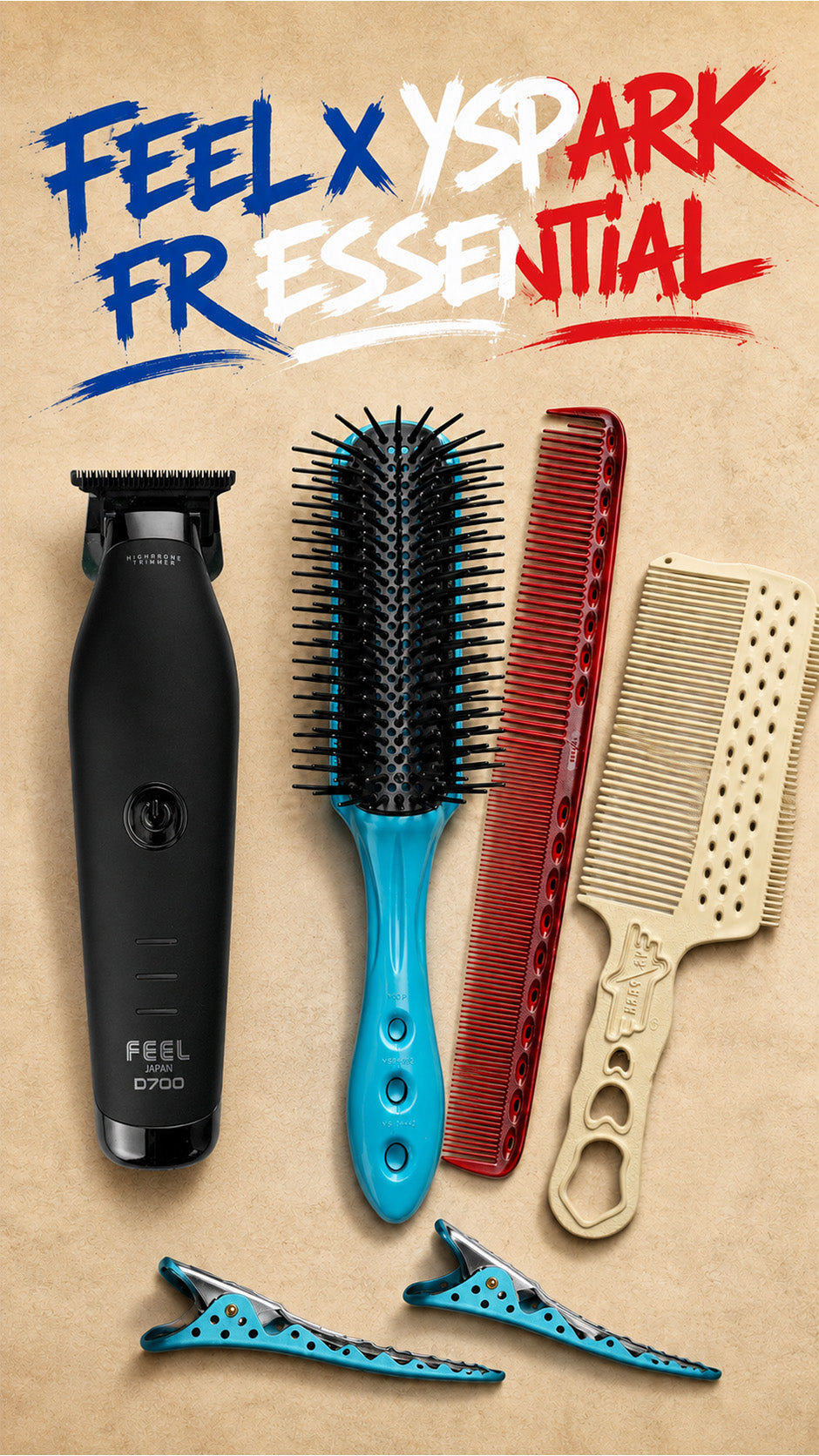 pack tondeuse de finition D700 avec peignes yspark bleu blanc et rouge 