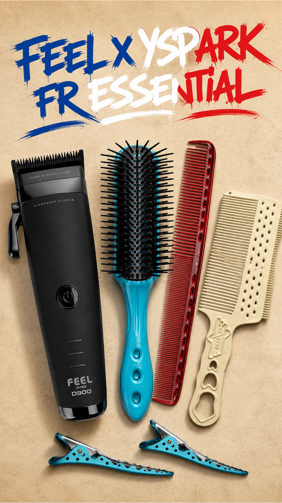 pack tondeuse de coupe D900 avec peignes yspark bleu blanc et rouge 