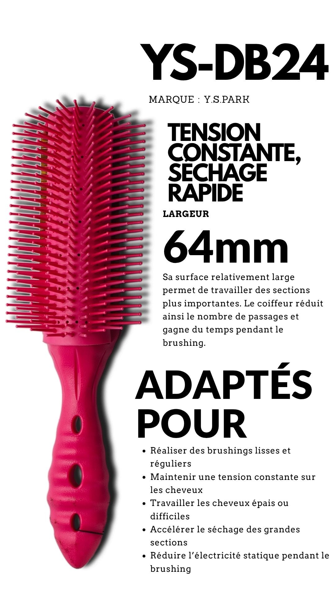 fiche technique de la brosse yspark dragon db24 rose pour brushing ou pompadour 