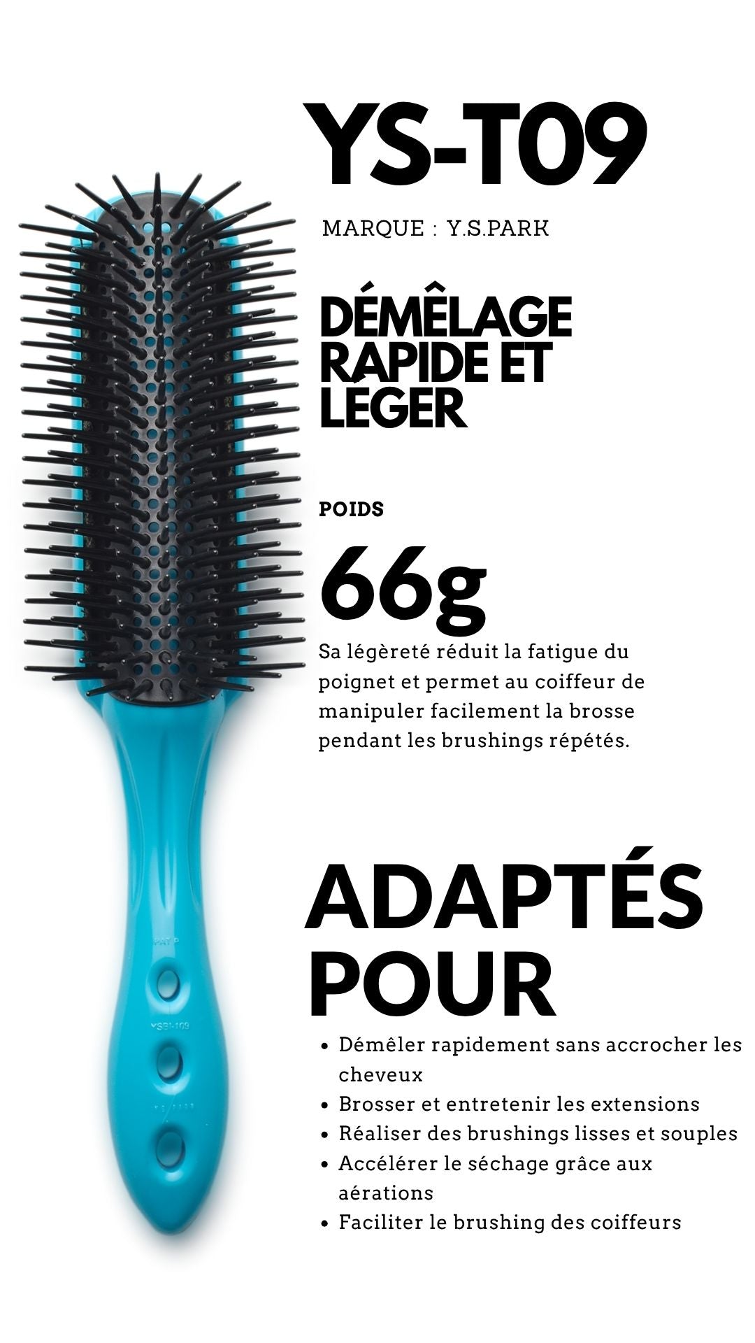 fiche technique de la brosse yspark t09 bleu pour brushing ou pompadour 