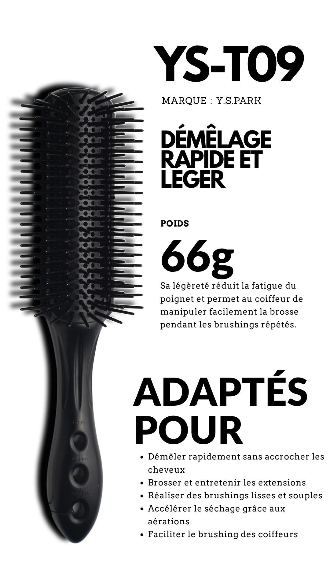 fiche technique de la brosse yspark t09 noir pour brushing ou pompadour 