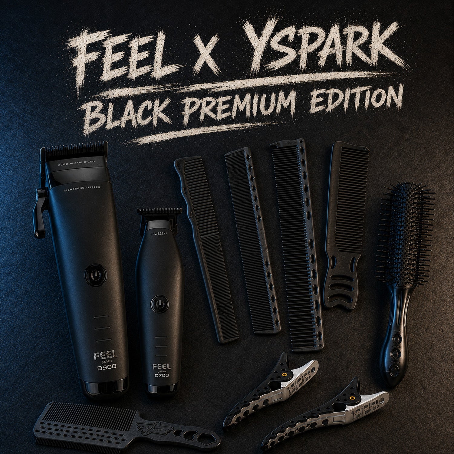 pack tondeuse highdrone de coupe et de finition d900 d700 avec des peignes yspark noirs et des pinces yspark sépare mèches shark